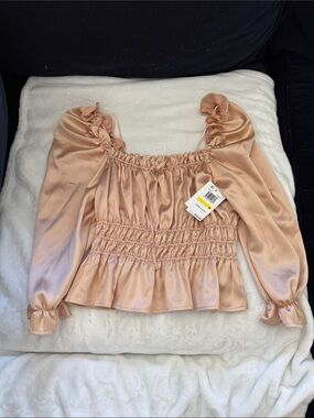 Macy's Satin Smocked Peplum Blouse in Peach